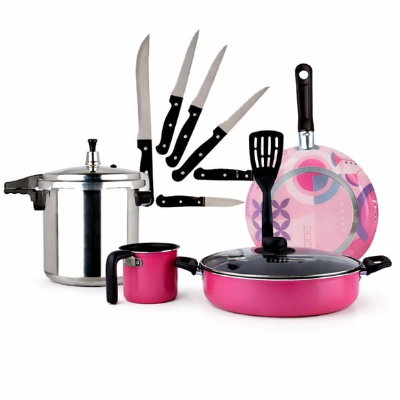 Juego de Olla Express Ekco 8 litros con Set de Cocina Rosa 10 piezas