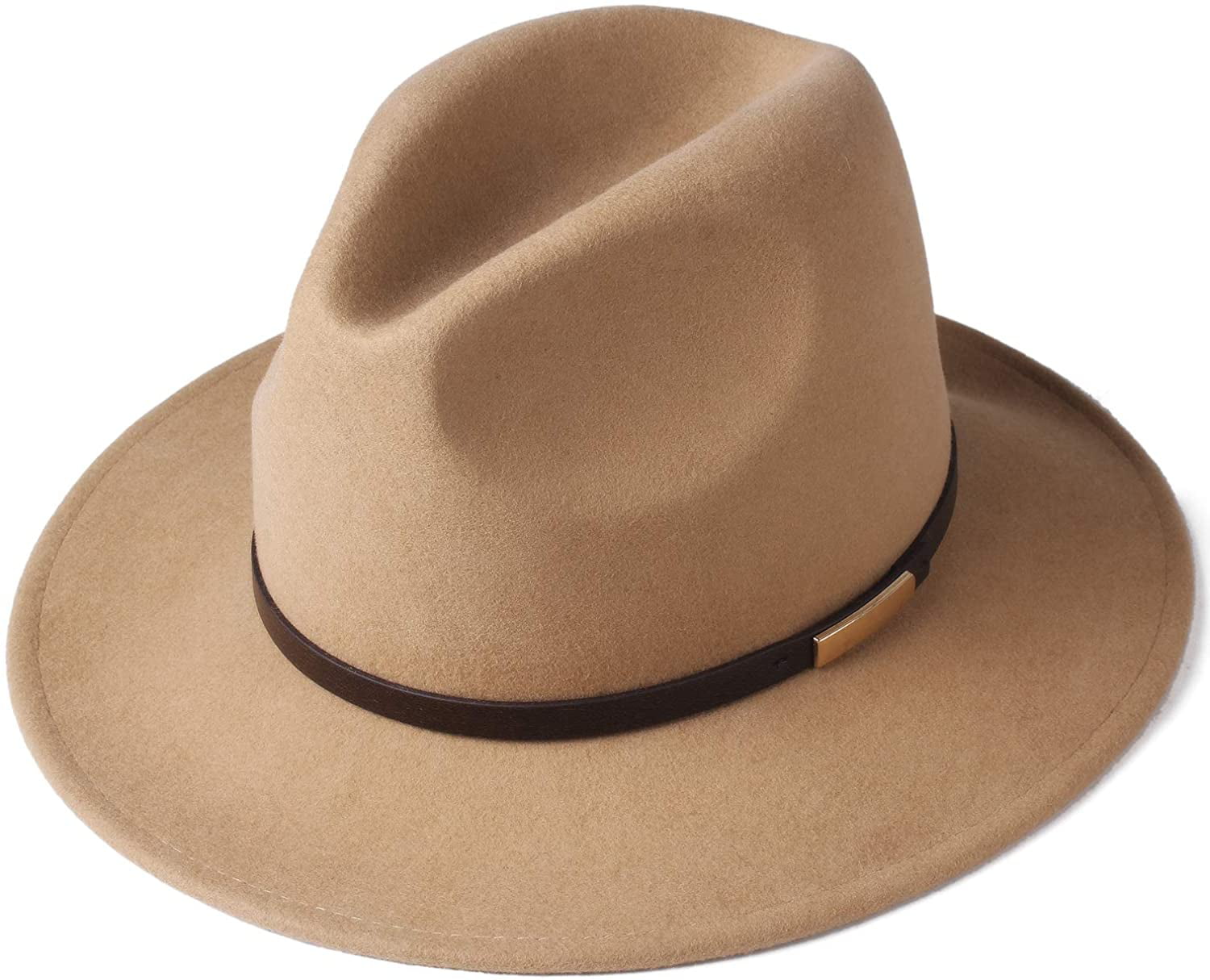 Womens Fedora Hat 100% Wool Wide Brim Felt Hats Winter Trilby Cap with Leather Belt Decor 