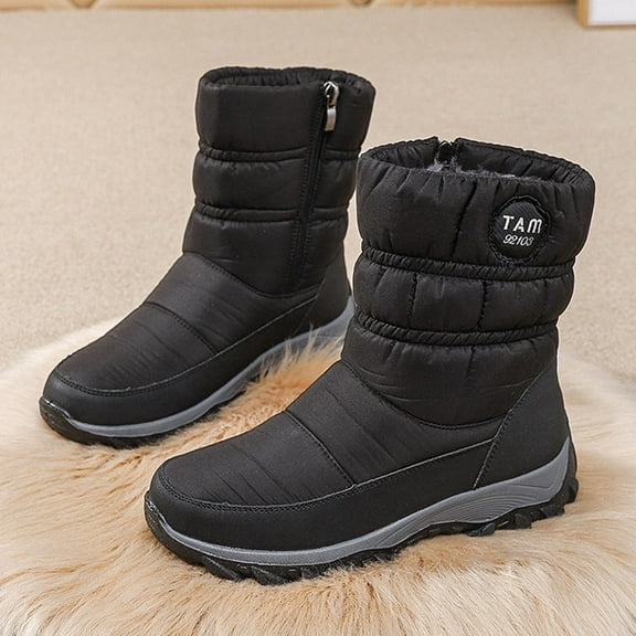 Bnwani Women Boots Ankle Winter Fashion Pile Toe Flat Mid-Calf Fleece Warm Snow Boot Black Size 4.5