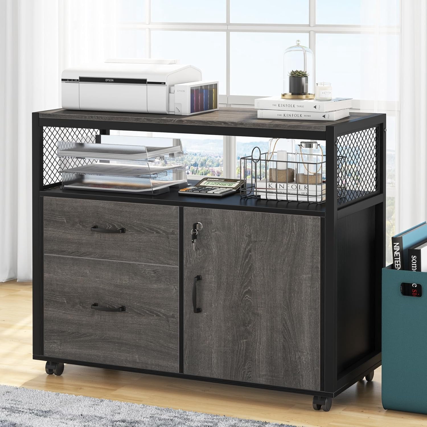 Tribesigns Home Office L Shape Executive Desk with Drawer Cabinet, Gray