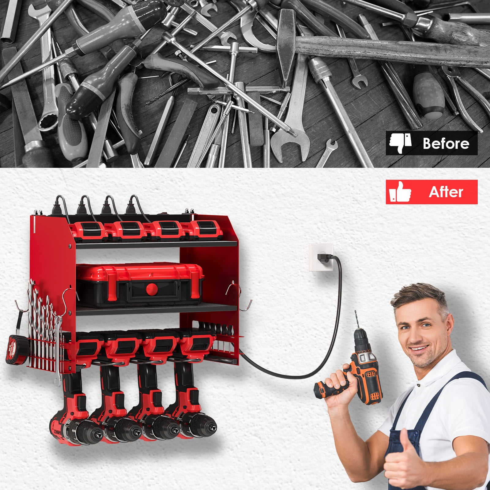 TLGREEN Power Tool Organizer Wall Mount with Charging Station, 4 Drill Holder & 8 Outlet Power Strip, Perfect Gift for Farther, Husband, and Friend