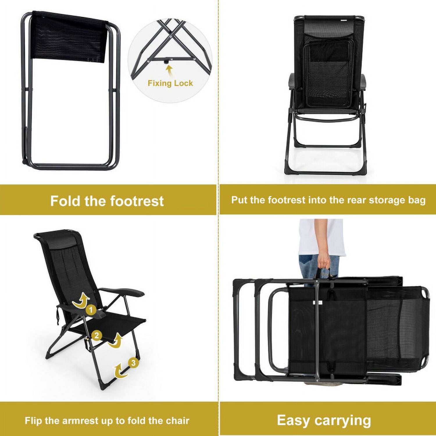 Aimee Lii 4 Pieces Patio Adjustable Back Folding Dining Chair Ottoman Set-Black, Outdoor Patio Set Aimee Lii 4 Pieces Patio Adjustable Back Folding Dining Chair Ottoman Set-Black, Outdoor Patio Set