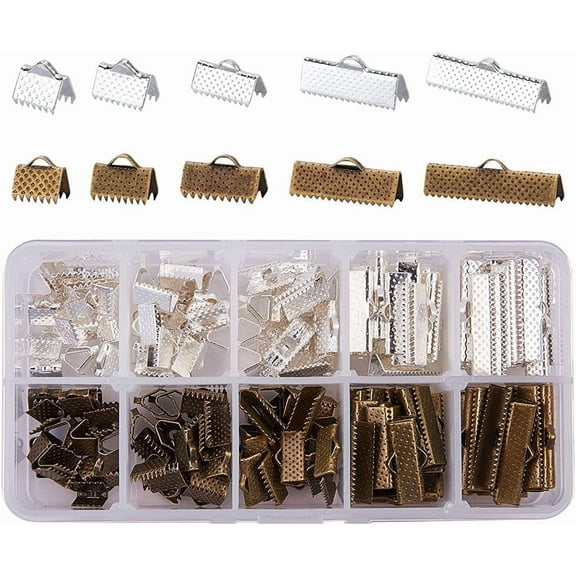 PH 200pcs 5 Size Ribbon Ends Bronze Silver Iron Bracelet Bookmark Pinch Crimp Clamp Cord Ends Fasteners Clasp Leather Crimp Ends for Jewelry Making colorful