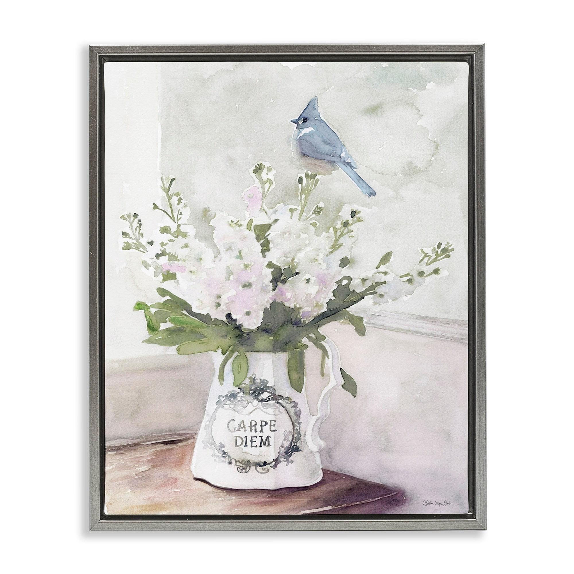 Stupell Industries Blue Cardinal on Spring Bouquet Carpe Diem Watercolor Luster Gray Framed Floating Canvas Wall Art, 24x30, by Stellar Design Studio