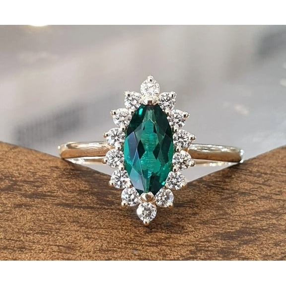 2Ct Marquise Cut Lab Created Green Emerald Women's Halo Ring in 14k White Gold Plated