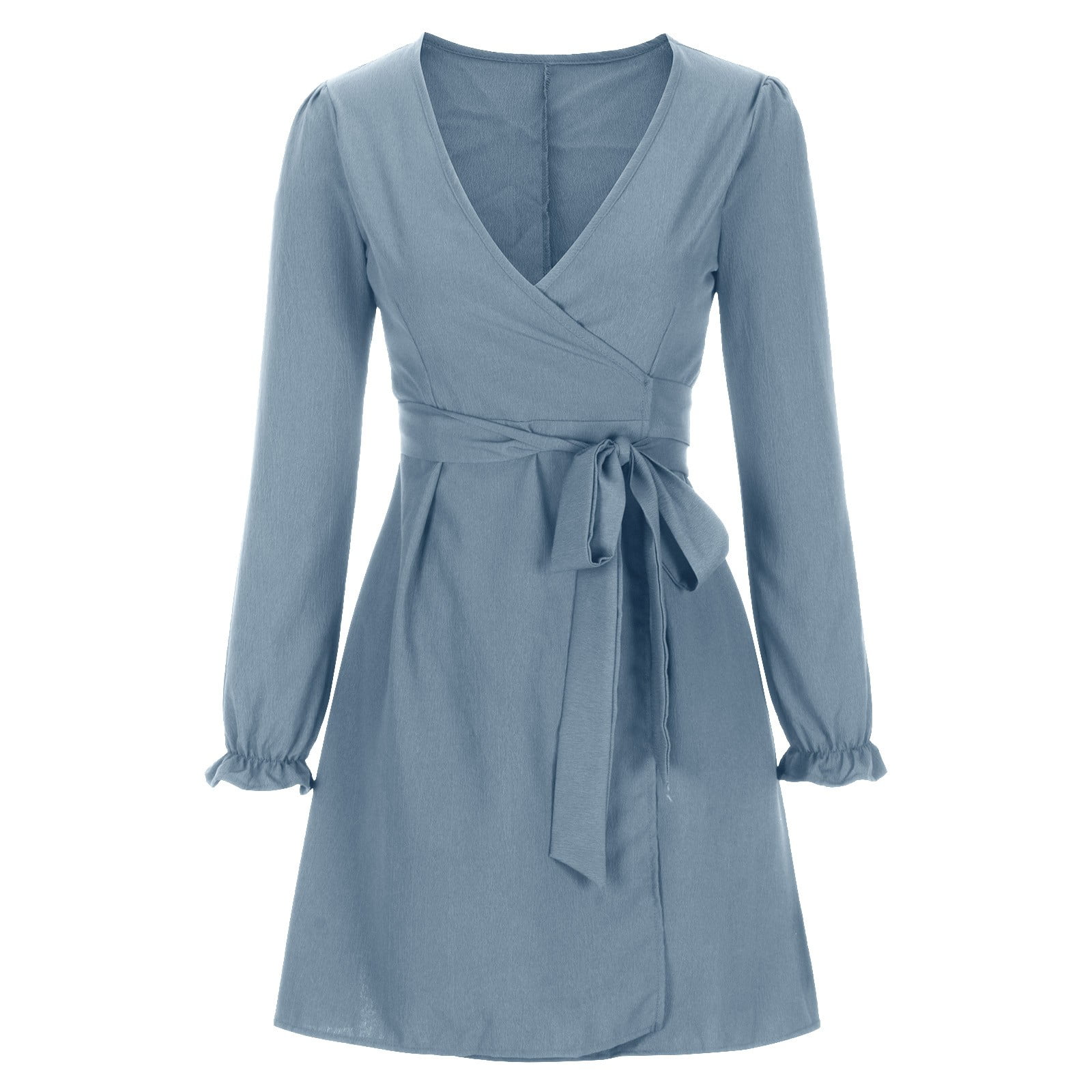 Women's Long Sleeve Wrap V Neck Dress Tie Waist Solid Color Casual Loose A  Line Swing Mini Short Fall Dresses - Walmart.com