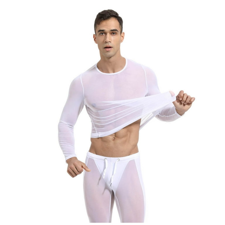 GWAABD Tight Fitting Long Sleeve Sportswear Men Mesh Transparent
