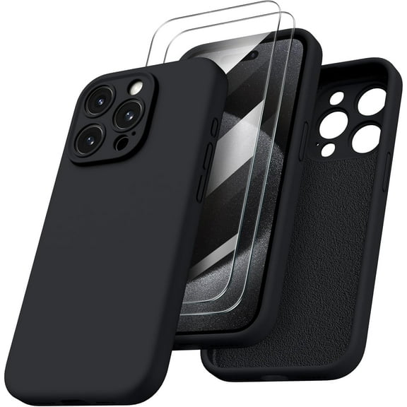 Compatible with iPhone 15 Pro Max Case with 2 x Screen Protector, Shockproof Liquid Silicone Cover, Drop Protection Phone Case for iPhone 15 Pro Max, Black