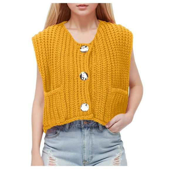 Women's Sleeveless Knit Cardigan Vest Solid Color Pocket Button Front Short Length Style Fall Top Plaid Sweater Vest Mens Wool Zip Vest Christmas Vests for Men Mens Sweater Vests Sweater Vest Plaid