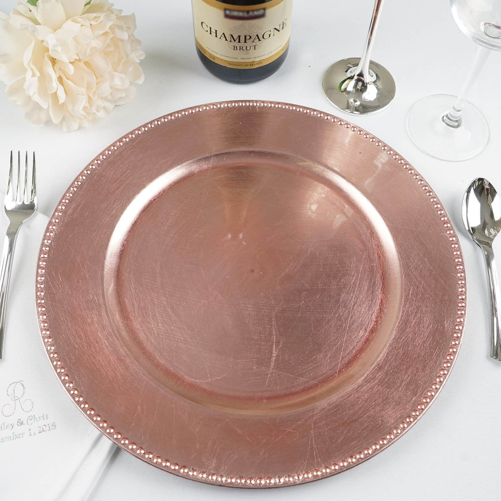 6 Pack 13" Blush Rose Gold Round Acrylic Beaded Charger Plates