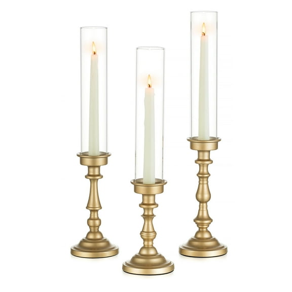 Sziqiqi Set of 3 Gold Hurricane Candle Holders Set with Glass Shades: Vintage Taper Candlestick for Dining Table Fireplace Mantel Christmas Centerpiece Decor