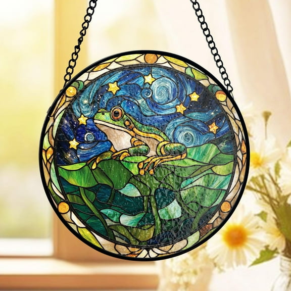 Frog Suncatcher Stained Glass, Starry Sky Window Decor, Nature Fantasy Style, Stained Glass Look, Animal Lover Gift, Whimsical Room Accent