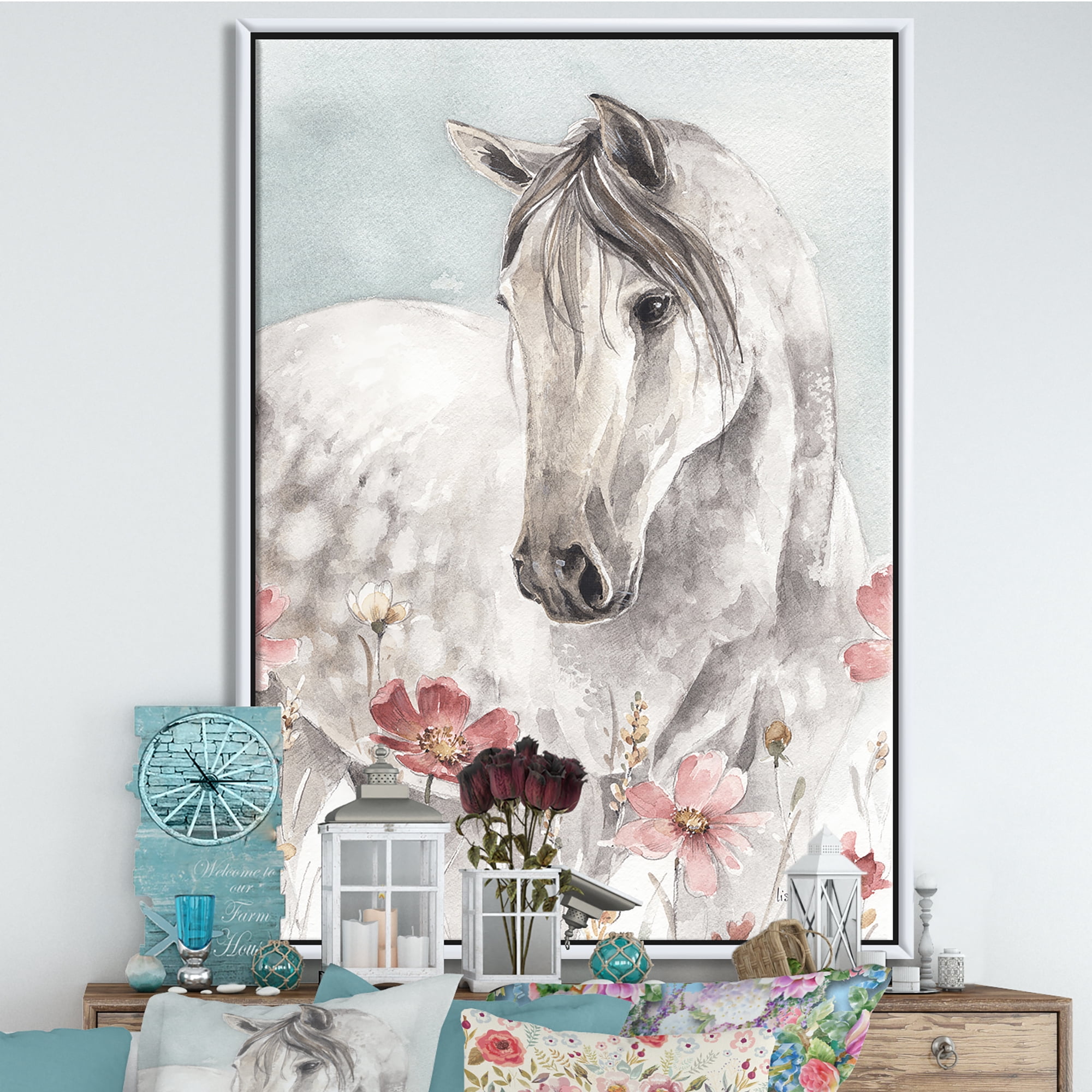 Designart ' watercolors Pink Wild Horses II ' Farmhouse Framed Canvas