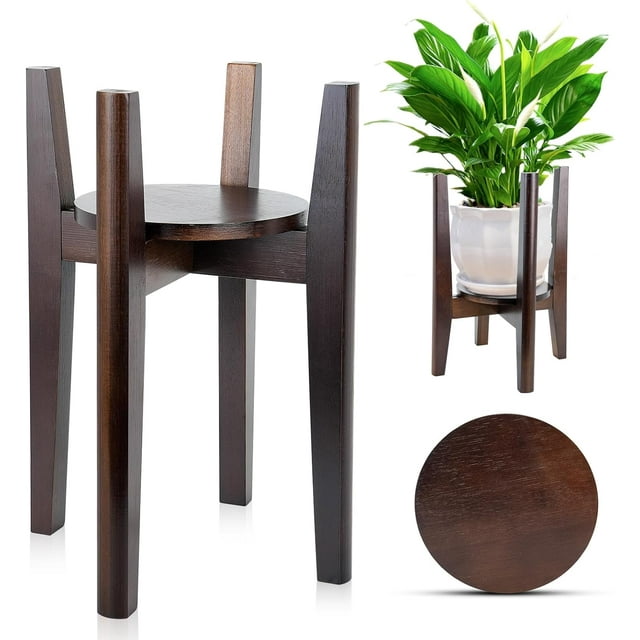 Adjustable Plant Stand with Tray Indoor Wood Plant Stand Fit ‘‘ to ‘‘ Planter Mid Century Modern Flower Pot Holder Rack(Plant and Pot Not Included) Walnut