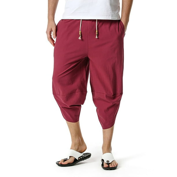 MAWCLOS MAWCLOS Mens Casual Baggy Capri Pants Elastic Waist Cotton
