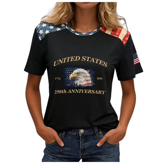 idosla American 250th Anniversary Rhinestone 3D Printed Design Women's T-Shirt Eagle 1776-2026 America Flag Crew Neck Tee (Dark Gray, L)