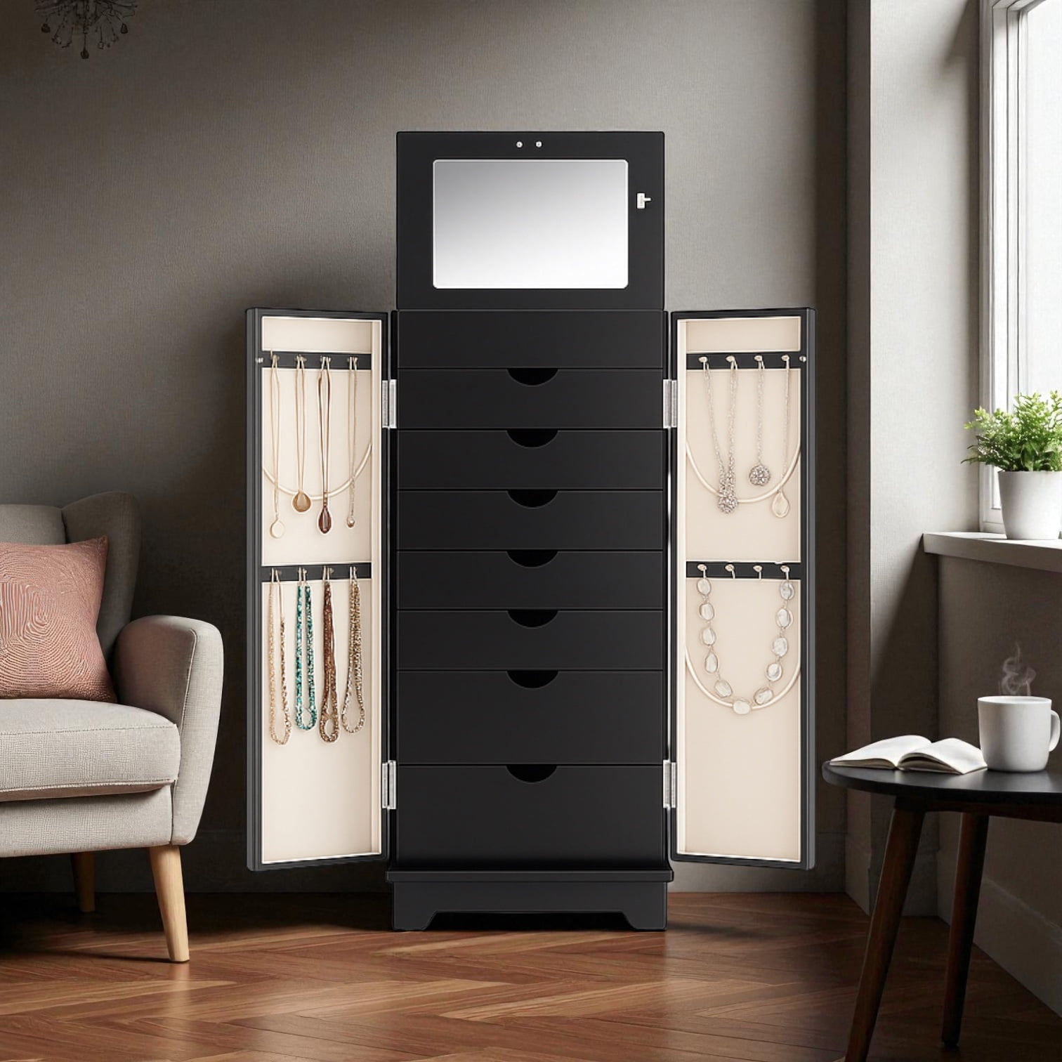 Hives & Honey Port Elegant Charcoal Jewelry Armoire: Freestanding, Lockable Wooden Cabinet for Women