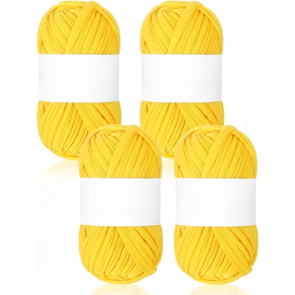 4 Pack 100g T Shirt Fabric Yarn Kit for DIY Hand Knitting, 130 Yds Spaghetti Yellow Crochet Cloth for Crocheting Bag, Basket & Blanket With 2 PCS Ergonomic Hooks