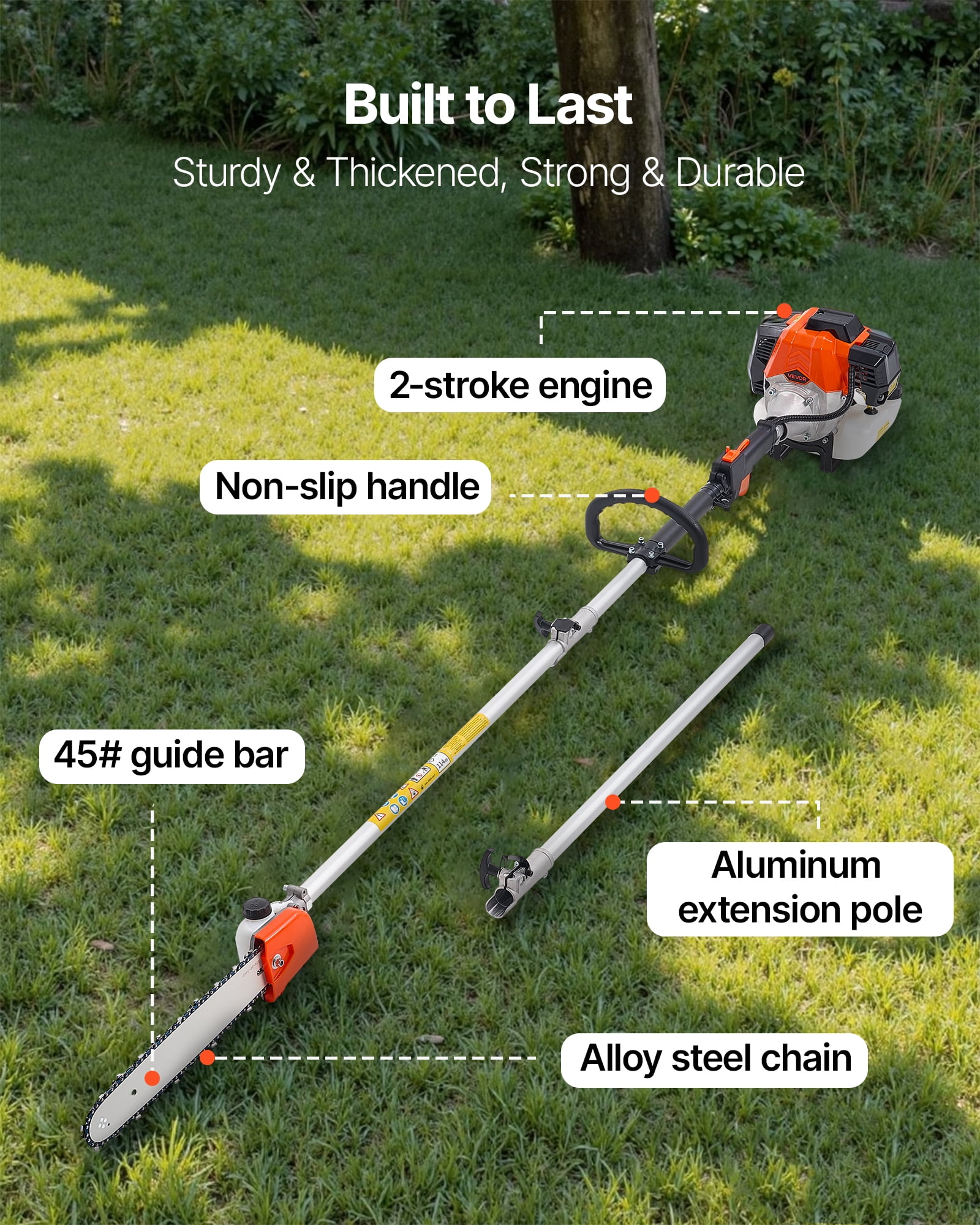 VEVOR Gas Pole Saw, 52CC 2 Stroke Gas Powered Pole Saws with 14 in Cutting Bar, Cordless Tree Trimmer with 30 fl.oz Fuel Tank, 7.2 to 10 ft Extendable, Powerful Chainsaw for Tree Trimming Pruning