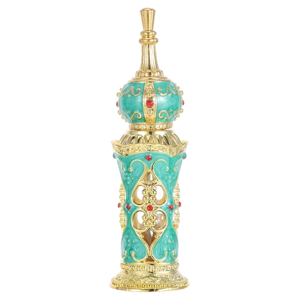 Frasco de perfume para mujer de 12 ml, estilo retro antiguo de Oriente Medio, de cristal con forma de flor de vid, vacío para aceites esenciales, decoración de bodas (verde y dorado)