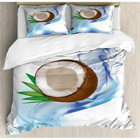 Fruit King Size Duvet Cover Set Broken Coconut And Leaves In A Splash Of Water Tropical Hawaii Themed Abstract Design Decorative 3 Piece Bedding Set