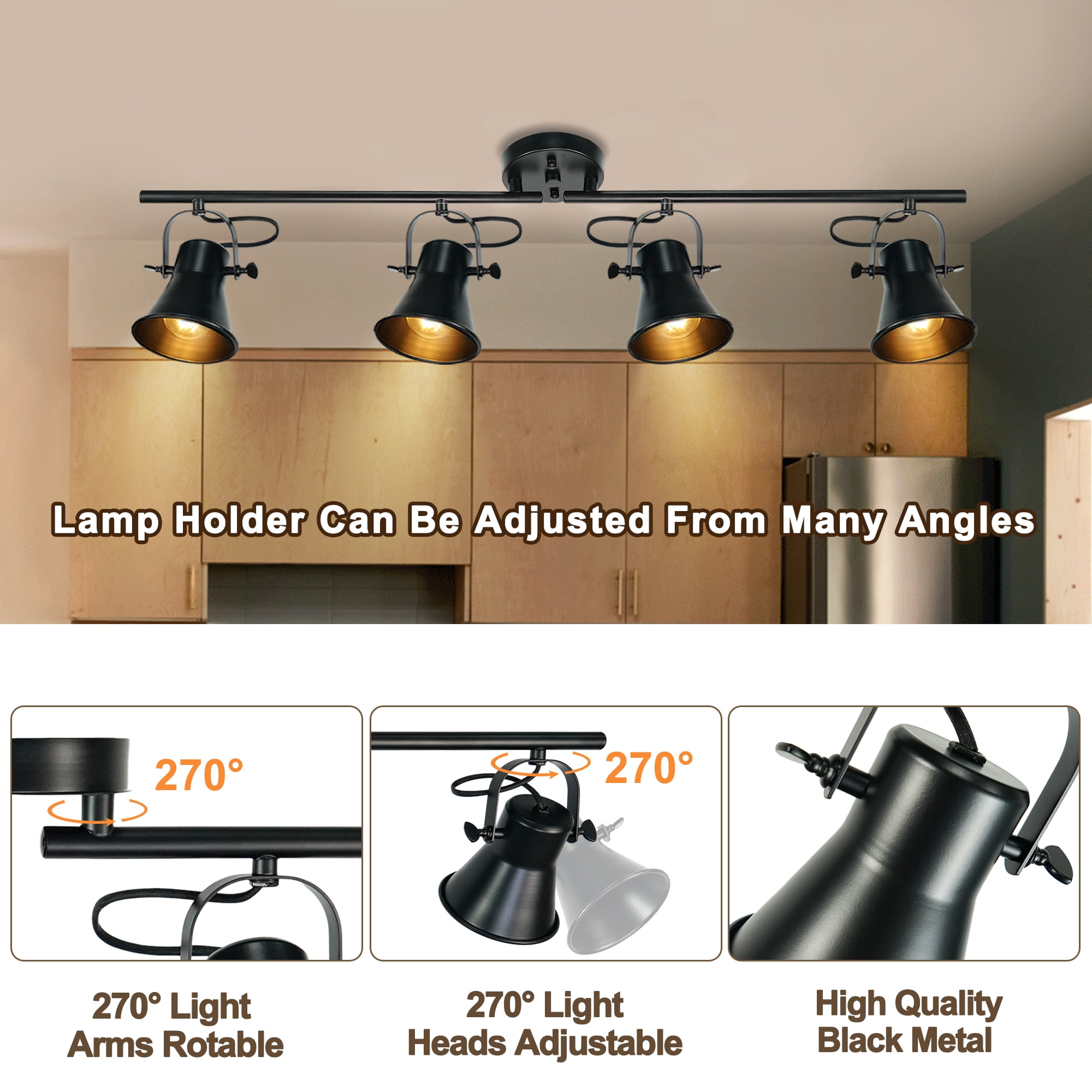 Auffel Track Lighting 4 Light Kitchen Lighting Fixtures Ceiling Black 37 Inch  Ceiling Light Fixture Rustic Track Lighting Fixtures Ceiling for Closet Living Room Bar Office Rotatable Light Head