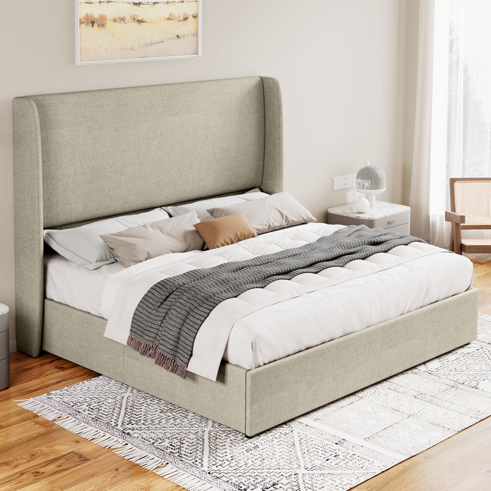 Merluxy Queen Bed Frame with Lift Up Storage and Linen Upholstered/Wingback Headboard/Khaki
