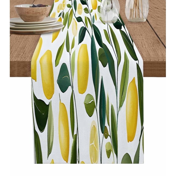 Ldtrchee Summer Lemon Table Runner 90 Inches, Yellow Fruits Green Botanical Bed Runner Dresser Scarves Tabletop for Indoor Outdoor Parties/Ceremony/Banquet, 13" x 90"
