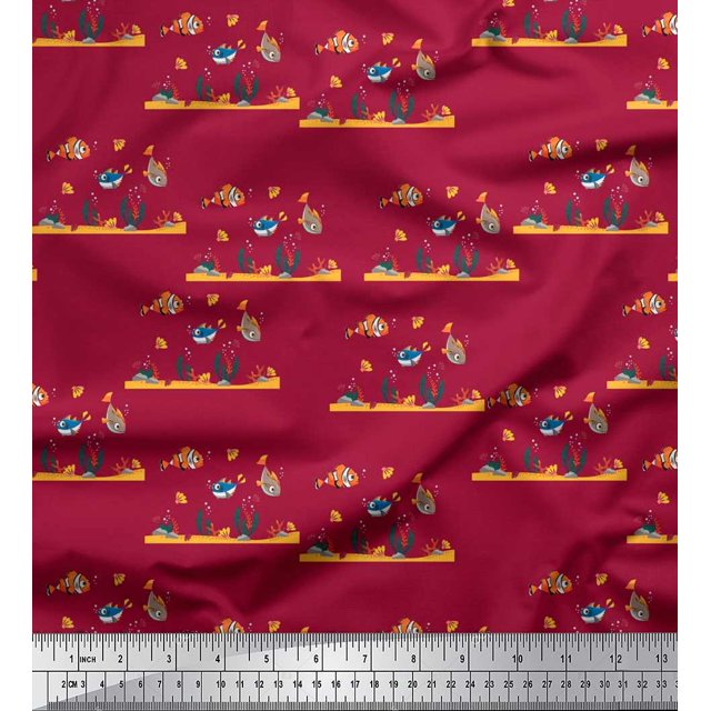Soimoi Poly Georgette Tissu Corail & Poisson Océan Tissu Imprimé 1 Yard 42 Inch Wide