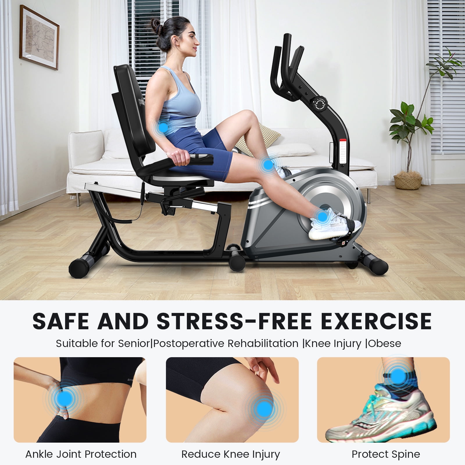 HASIMAN Indoor Recumbent Exercise Bike Magnetic Resistance Workout Bike Sit Down Stationary Bicycle with Adjustable Seat & Luminous Monitor for Gym Seniors Adults 350LBS