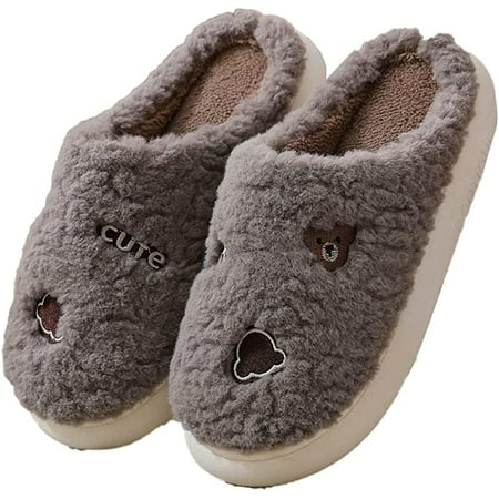 

CoCopeaunt Women Men Fluffy Fur Warm Fleece Lining Winter House Shoes Cute Bear Furry Indoor Slippers