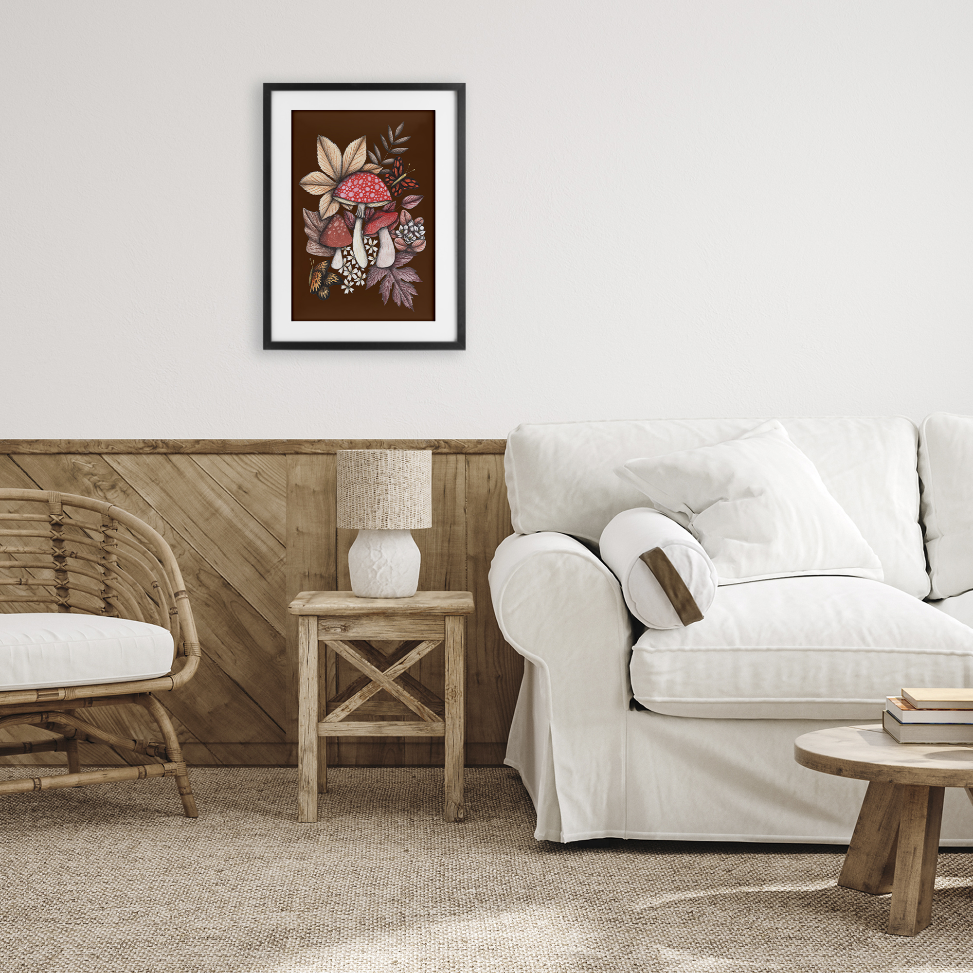 Autumnal Mushrooms Magic Black Framed Print Under Glass, design by Cecilia Battaini