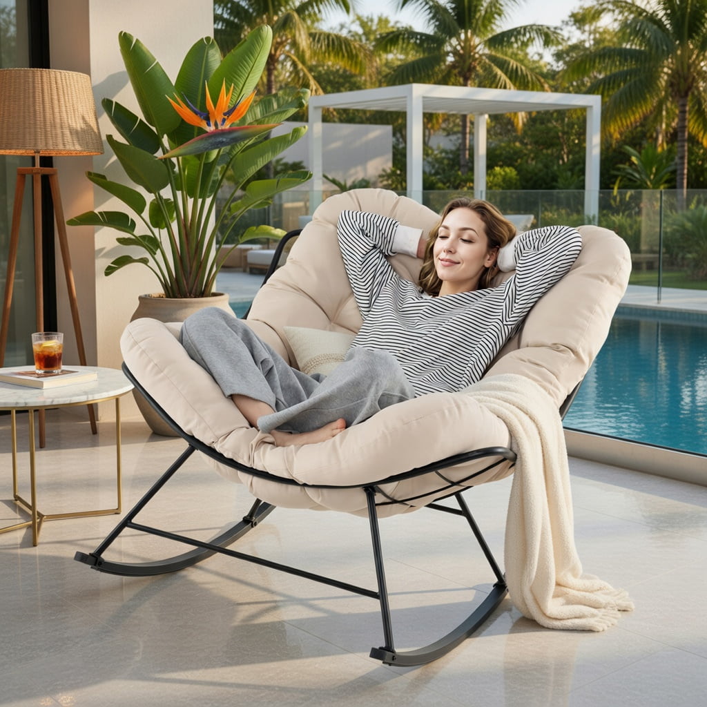 Hommoo Oversized Egg Papasan Rocking Chair with Thick Padded Cushion & Black Powder-Coated Metal Frame, Indoor/Outdoor Patio, Porch, Poolside Seating, Beige