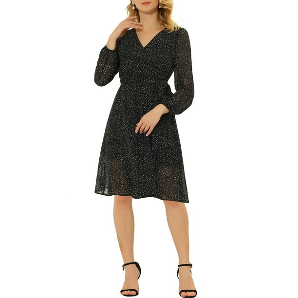 INSPIRE CHIC Vestido Envolvente de Manga Obispo con Cuello en V Floral Boho para Mujeres S Negro con Puntos