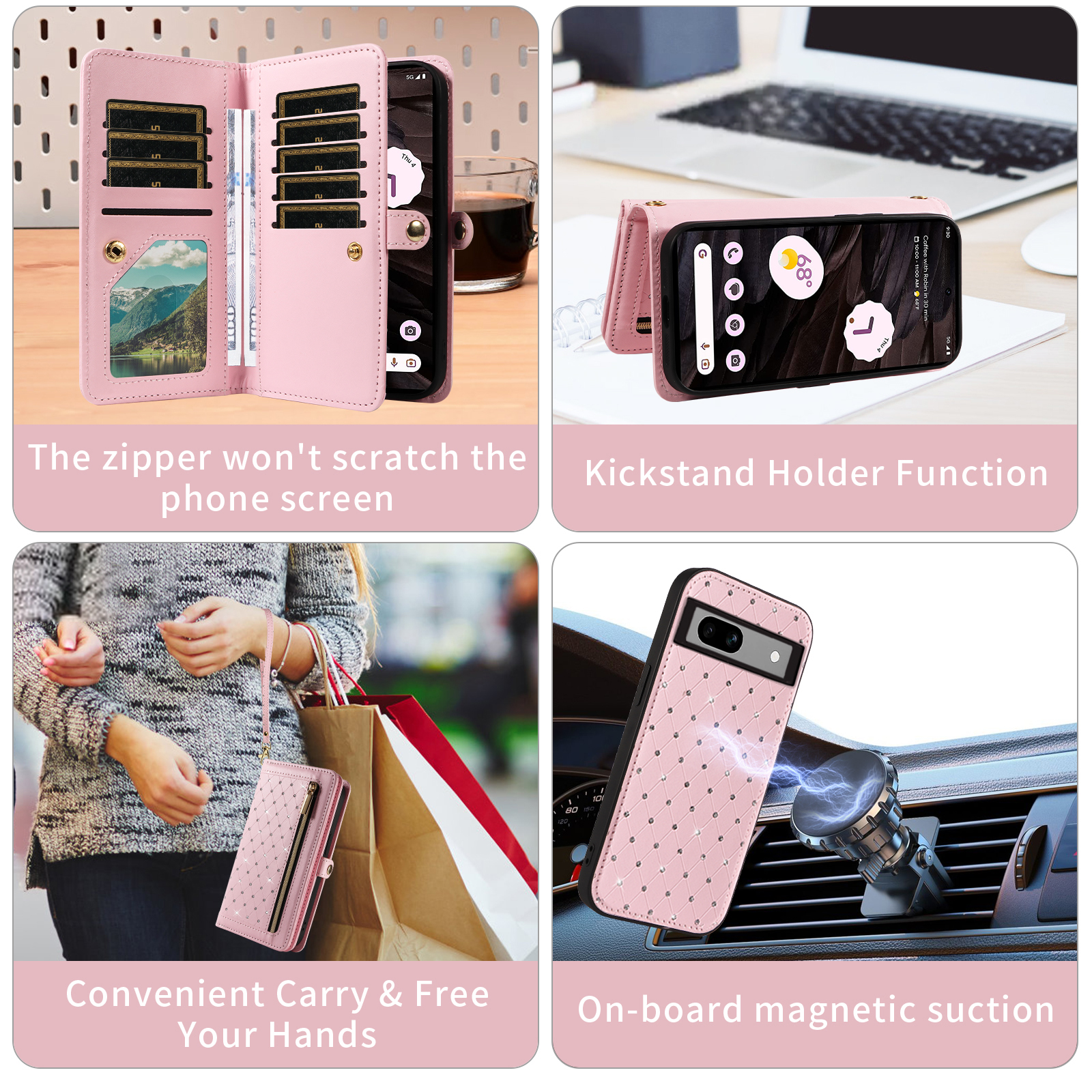 Asuwish Phone Case for Google Pixel 7A 5G 2023 Zipper Wallet Detachable Cell Cover with Tempered Glass Screen Protector Crossbody Lanyard Strap Bling Glitter Flip Card Holder Slot Pixel7A A7 Pink