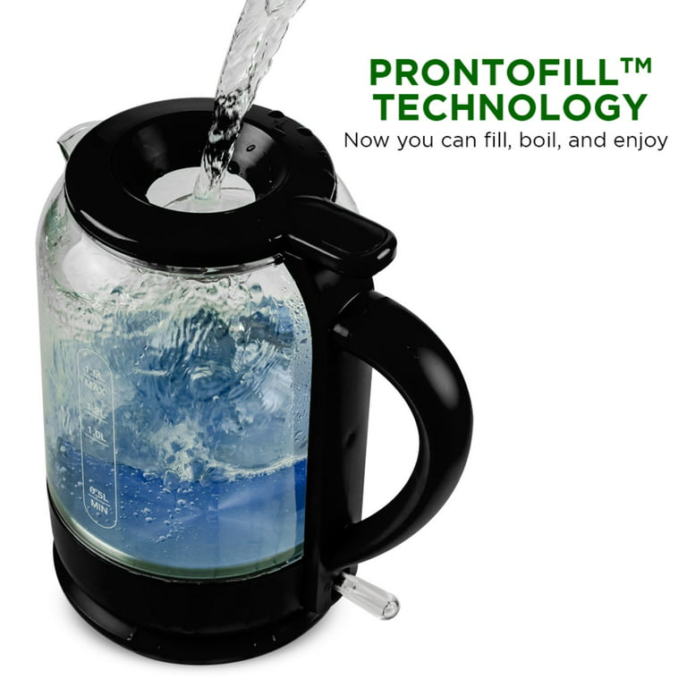 Ovente Electric Glass Hot Water Kettle 1.7 Liter Blue LED Light  Borosilicate Glass with ProntoFill Technology