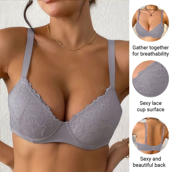 Nfurl Lace Balconette Bras for Women Push up Underwire Balconette Anti Saggy Supportive Deep V Neck Plunge Bra Gray S