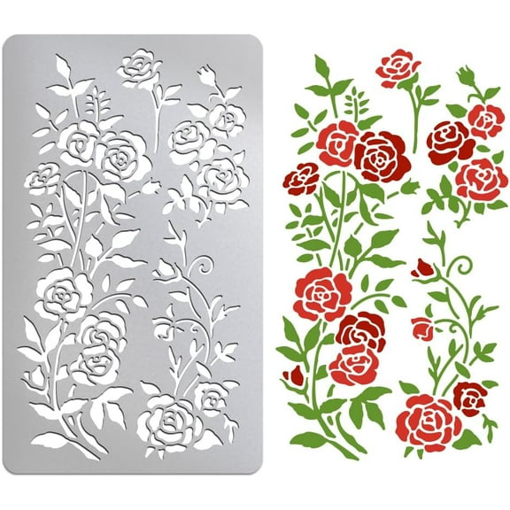 Metal Stencils for Wood Burning Stainless Steel Reusable Template June Rose Flower Stencils for Engraving Painting Embossing Journaling Bookmark DIY Gray