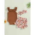 thumbnail image 4 of Cenuakty Baby Girls 3Pcs Summer Outfits, Ruffle Strap Romper + Floral Shorts + Headband Set, 4 of 9