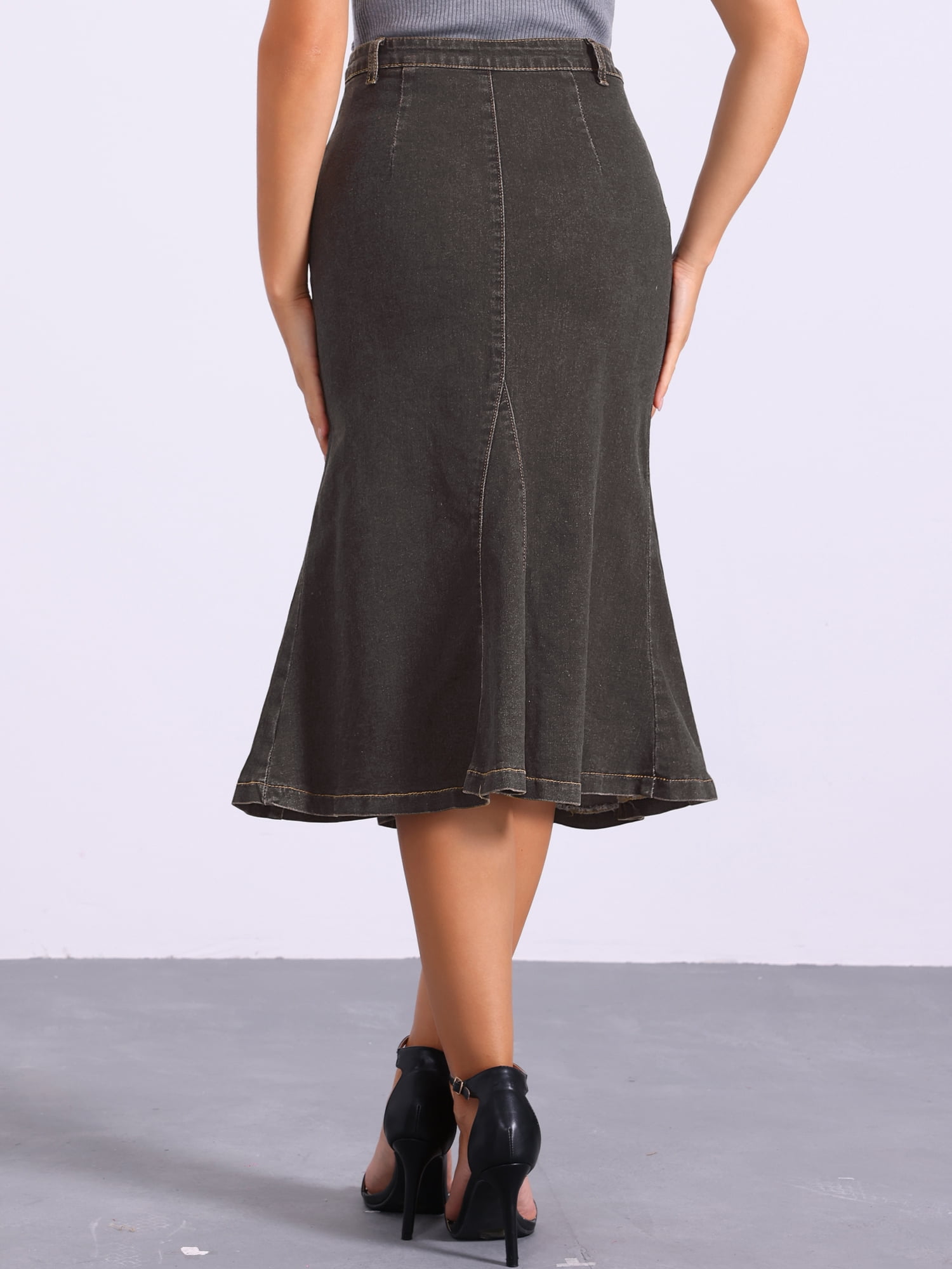 DARING DIVA Women's High Waisted A-Line Flared Midi Casual Denim Skirt L Dark Grey