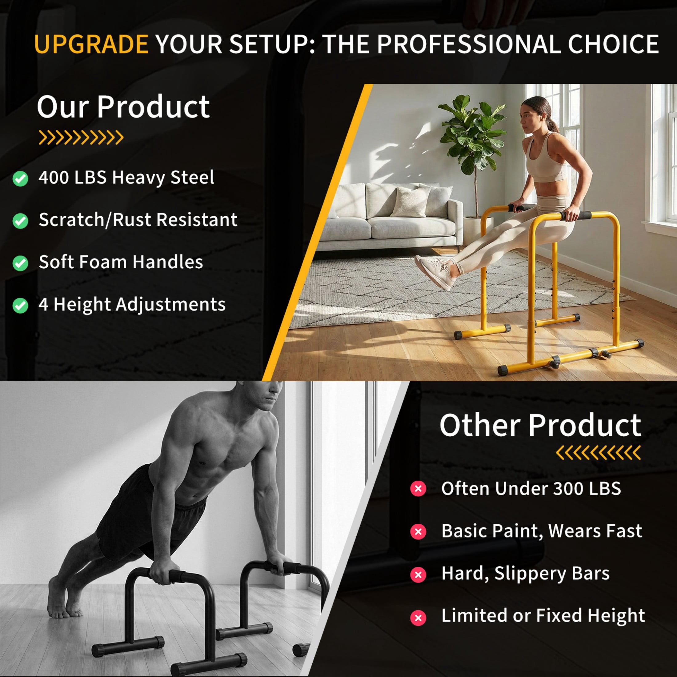 SHOUFTW Dip Stand & Doorway Pull Up Bar, Heavy Duty Adjustable Station with Foam Handles for Home/Gym/Office/Patio, Yellow