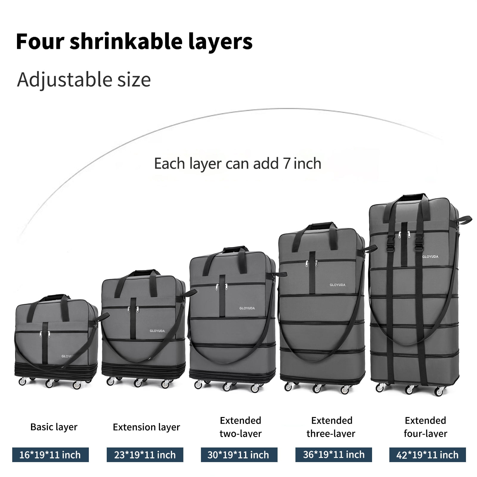 Gloyuda 42 inch Rolling Bag, Duffle Bag with Wheels, Rolling Tote Bags with Wheels, Collapsible Luggage, Travel Bag with Wheels and Handle, Roller Bag with 2 Fixing Straps and 1 Shoulder Strap