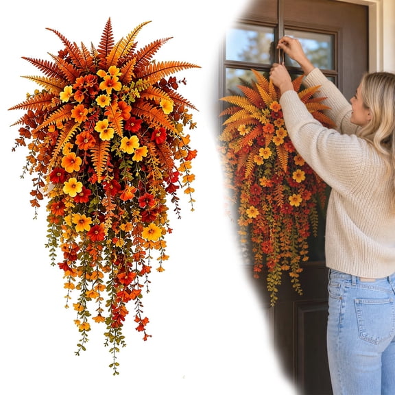 Artificial Fall Harvest Hanging Basket, Faux Autumn Flowers for Front Door, Porch & Outdoor Fall Decor