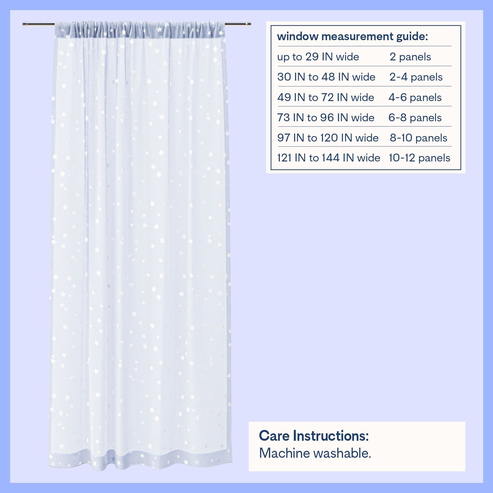 Mainstays Kids Metallic Star Printed Light Filtering Sheer Curtain Panel, Periwinkle, 38 x 63 in