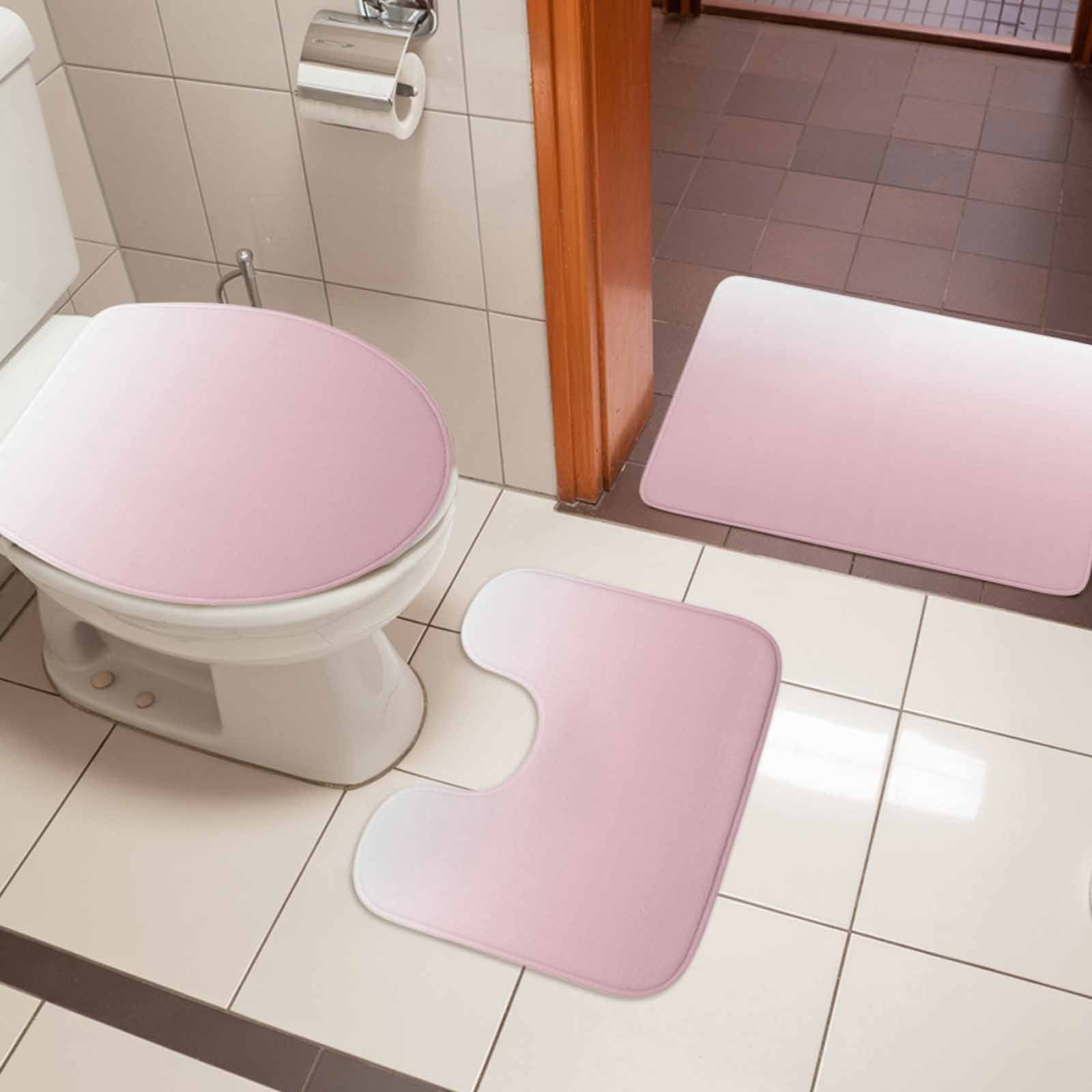 Pink White Ombre Bath Mat 3 Piece Bathroom Rug Set, Pink Gradient Color Modern Abstract Art Non Slip Bath Rug Contour Mat and Toilet Lid Cover, Absorbent Shower Mats Soft Bath Rugs and Mats Sets
