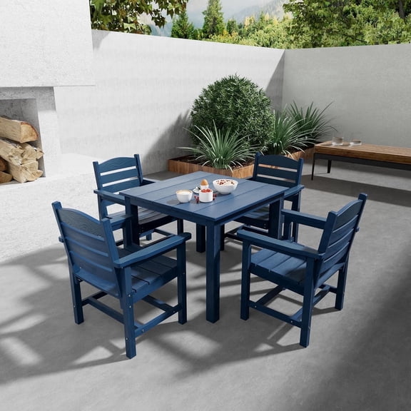 Innovaze Poly Lumber Patio Dining Set, HIPS Outdoor 36.2-Inches Dining Table and Ladder Back Chairs, with Umbrella Hole, Weather Resistant (Navy Blue, 5 Piece)