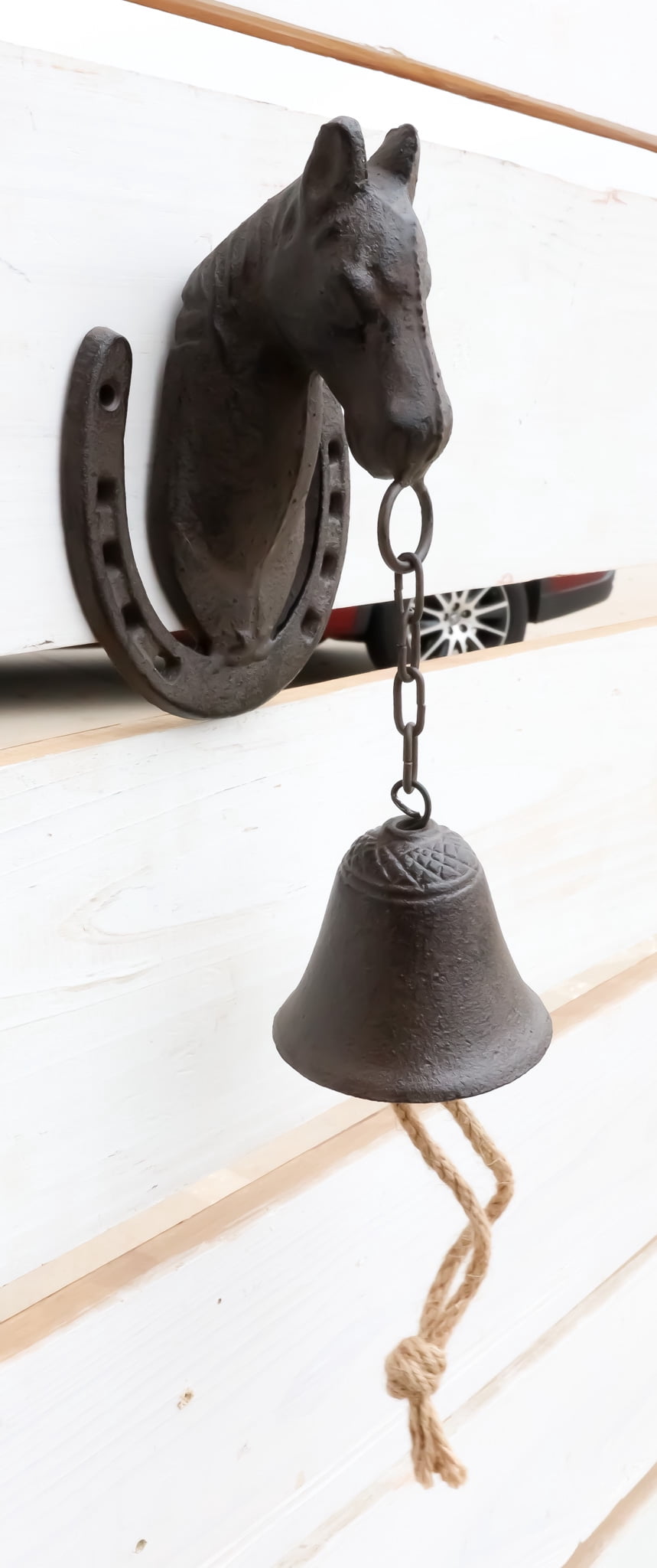 Cast Iron Rustic Western Horse Head With Horseshoe Door Wall Dinner Yard Bell