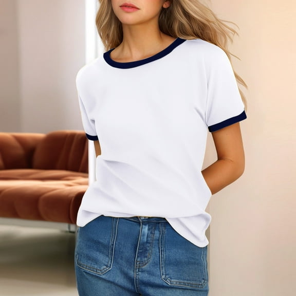 SHITINN Women's T Shirts Women's Solid Color Crew Neck Short Sleeve T Shirt with Contrast Trim Women's Short Sleeve Tops Summer Shirts for Women 2025