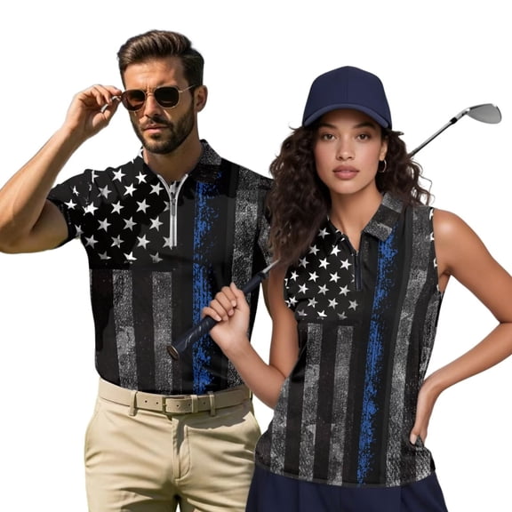 Aplkyhs Matching Couple Sport Shirts Fit Plain Blue Line American Flag Matching Golf Shirts for Couple Quarter Zip Mens Hawaiian Shirt for Casual Wear Breathable Fabric 4-Way Stretch