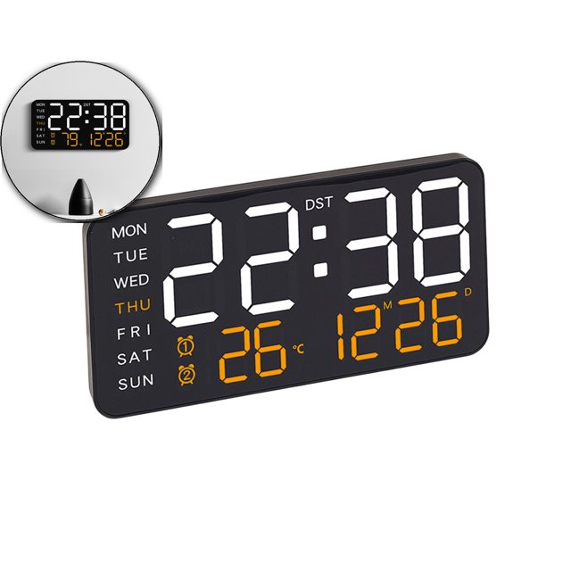 Dvruxg Large Digital Wall Clock, Led Alarm Clock with Big Digits, Date, Temperature, DST, Modern Decor Design for Desk, 5-Level Brightness for Room, Bedroom, Gift